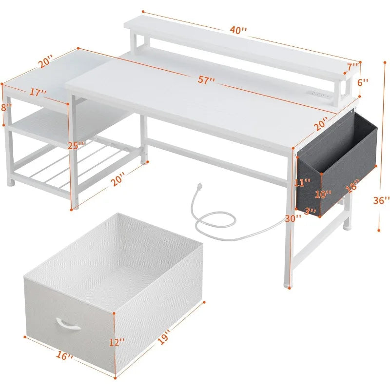 Ljustra 57" White Desk with Power Outlets Storage Shelves Monitor Stand