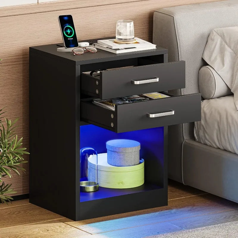ADORNEVE LED Nightstands Set of 2 with Charging Station for Bedroom