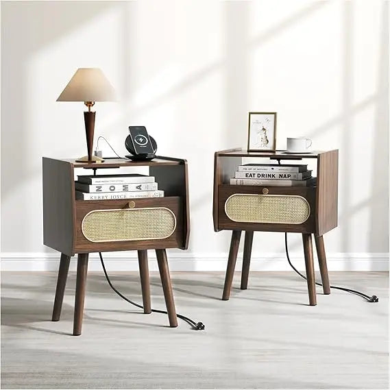 Rattan Night Stand Set 2 with Charging Station Mid Century Modern Table