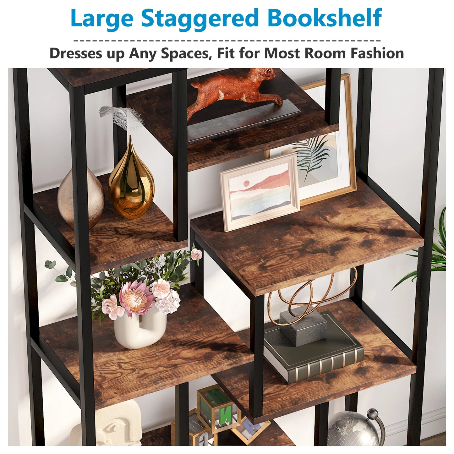 Ljustra Modern 8-Tier Staggered Bookcase Wide Wood Etagere Shelving Unit