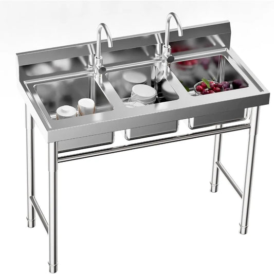 3 Compartment Stainless Steel Utility Sink with Hot Cold Faucets