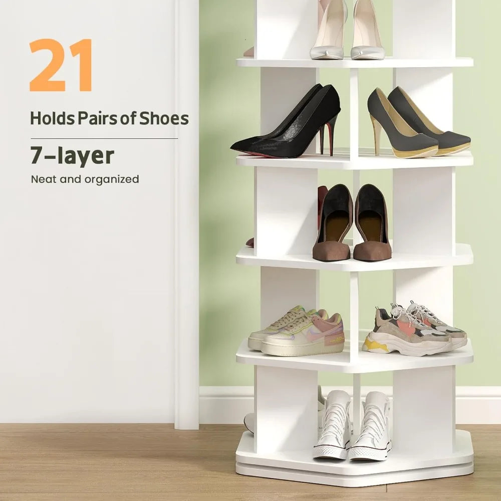 7 Tier Rotating Shoe Rack Wooden Spinning Organizer 360 Storage Tower