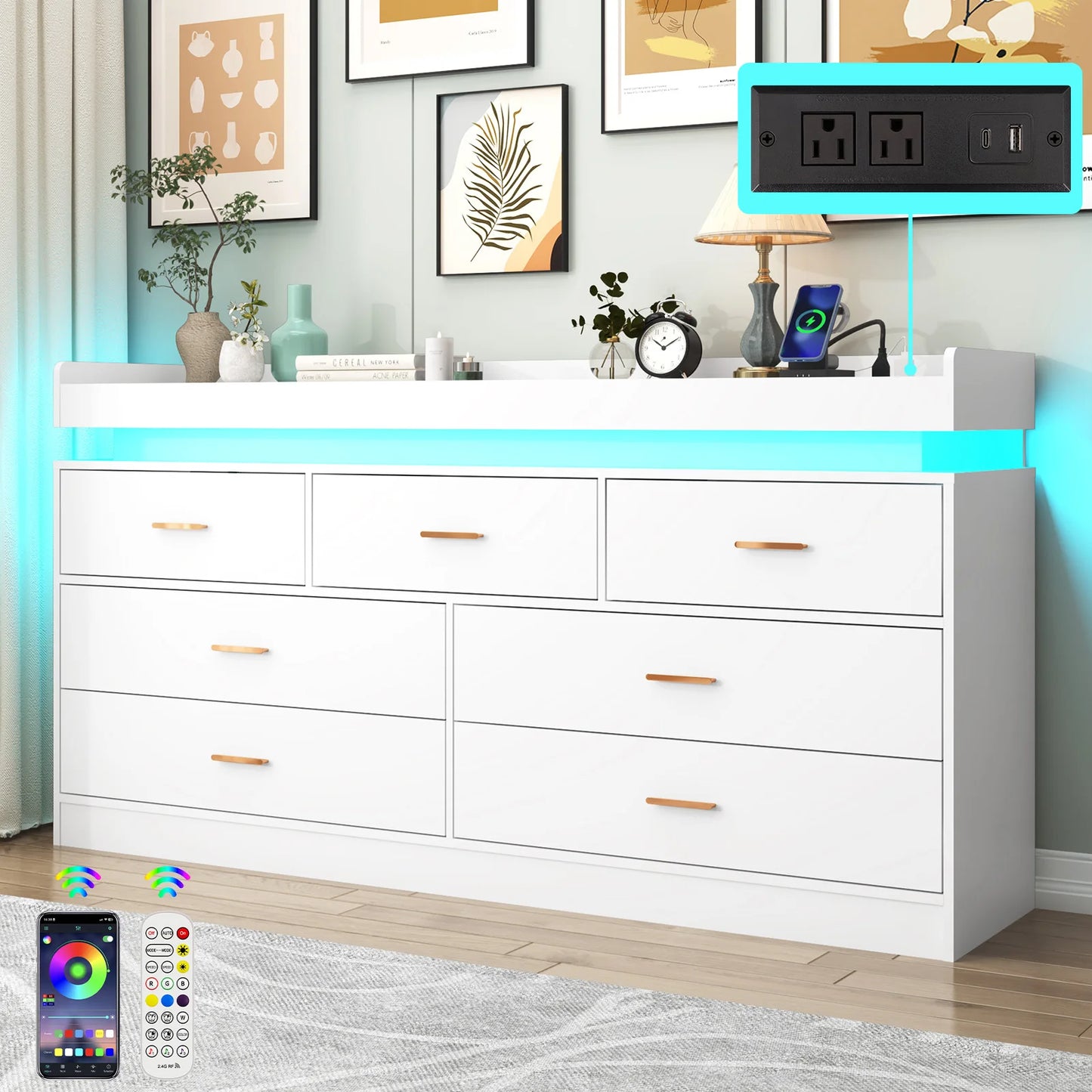 Modern 7 Drawer Dresser with LED Light Charging Station Chest of Drawers