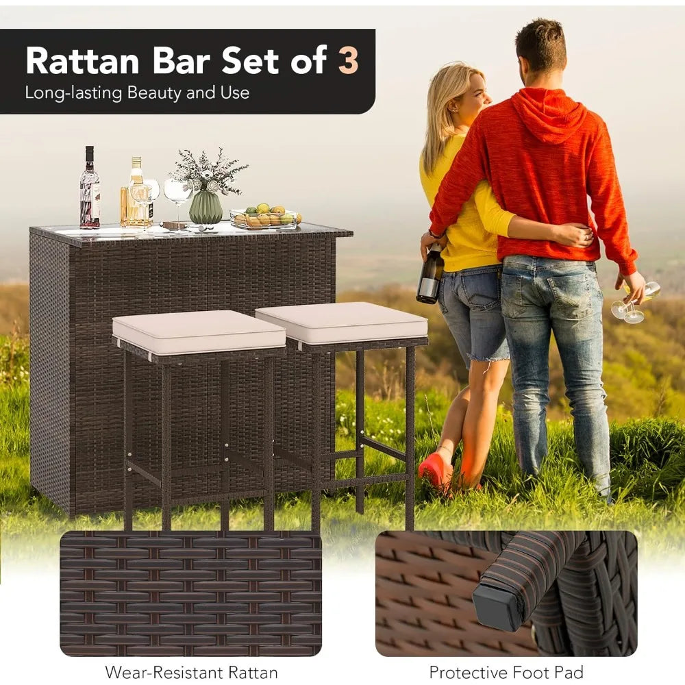 Ljustra 3 Piece Patio Bar Set Outdoor Rattan Table and Stools with Storage