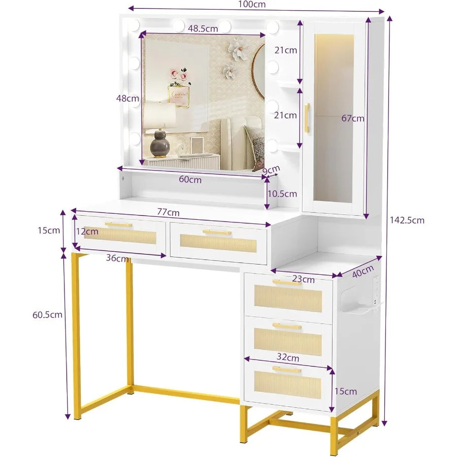 Women Vanity Desk with Mirror and Lights Makeup Table 5 Drawers 40 Inch