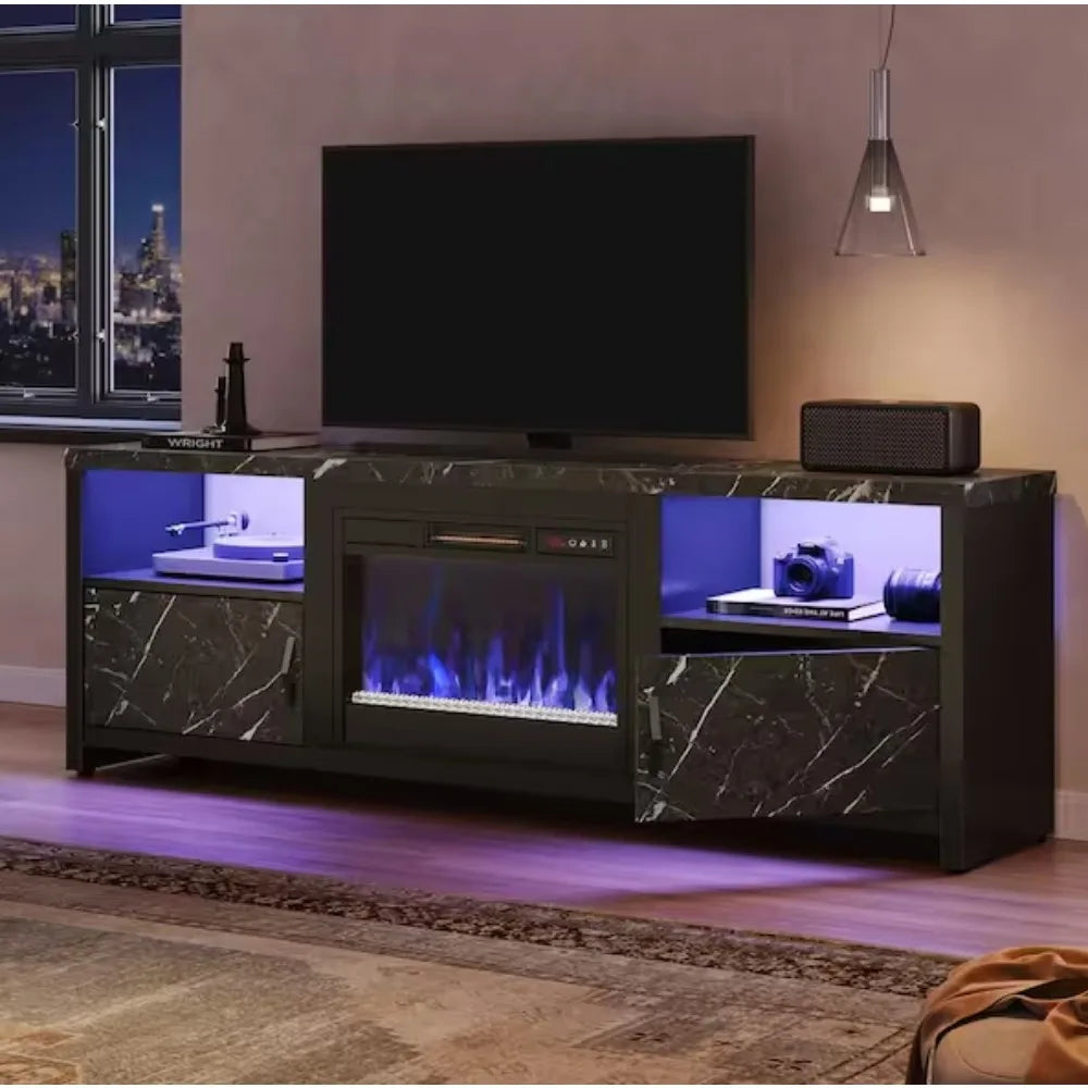 70 Inch Black Marble LED TV Stand with Fireplace for TVs Up to 75 Inches