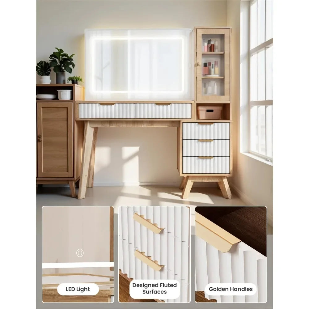 Makeup Vanity Desk with Mirror LED Lights Charging Storage Glass Top