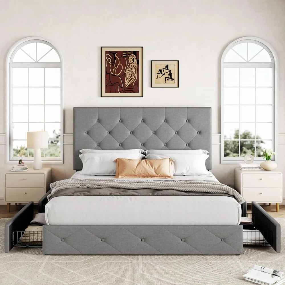 Queen Size Platform Bed Frame with Storage Drawers and Adjustable Headboard