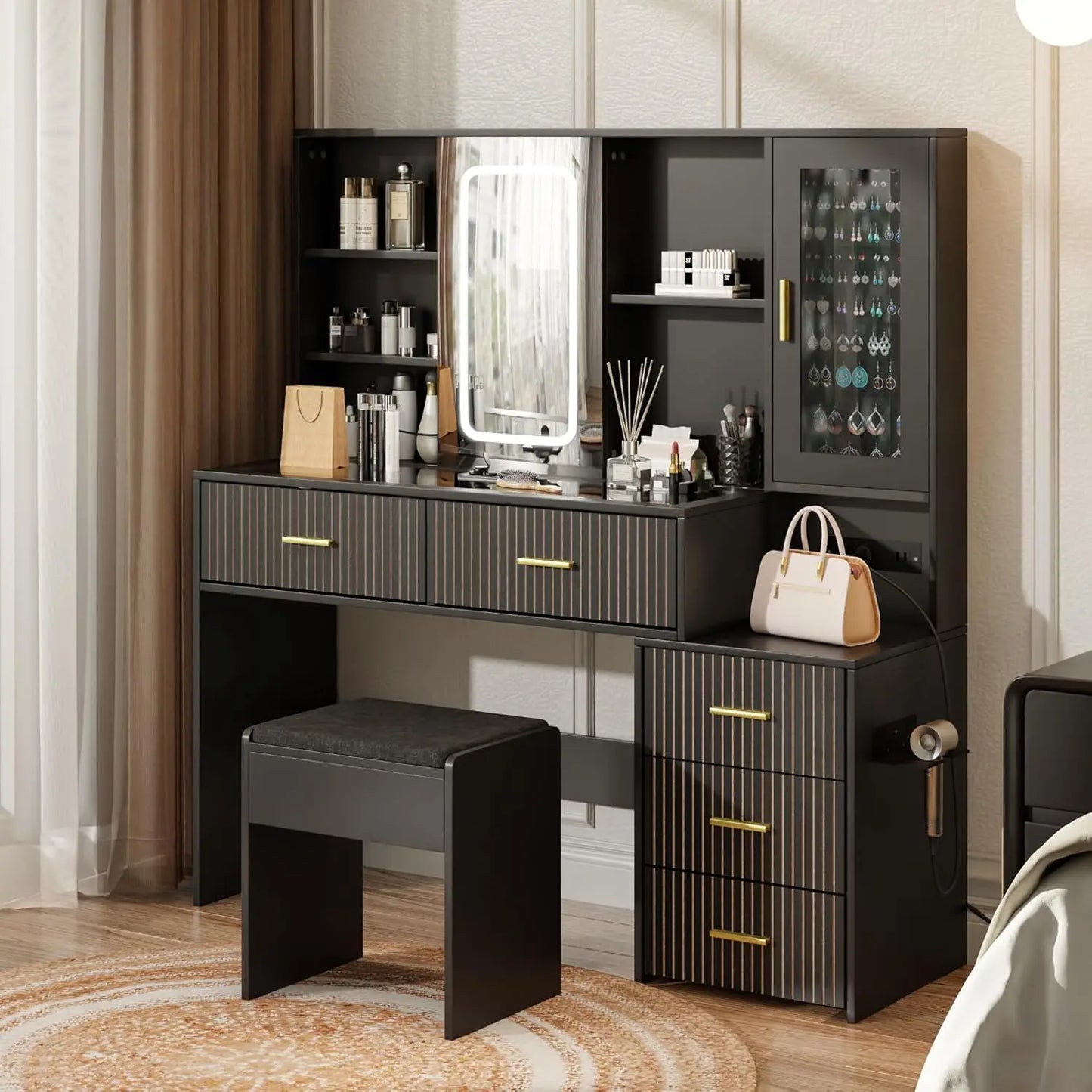 Large White Vanity Desk with Mirror Lights Makeup Table 5 Drawers Charging