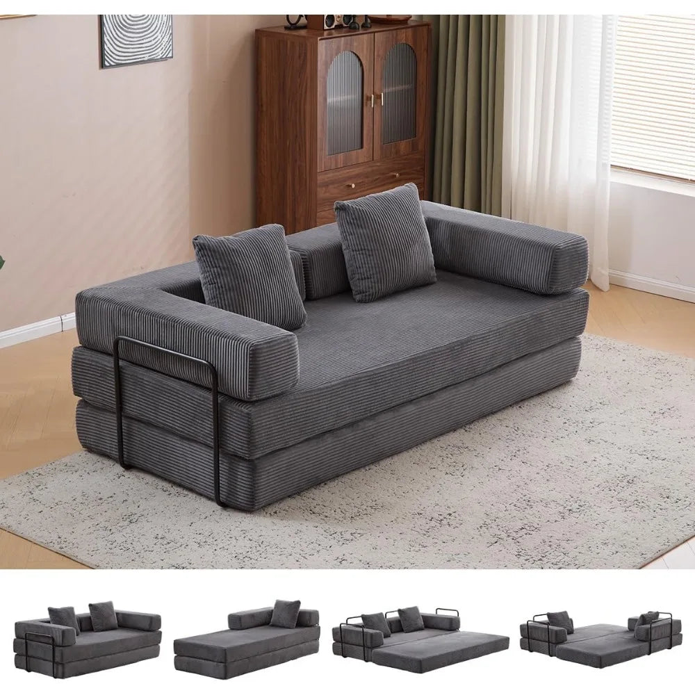 4-in-1 Foldable Corduroy Sofa Bed, Convertible Sleeper Couch, Dark Grey