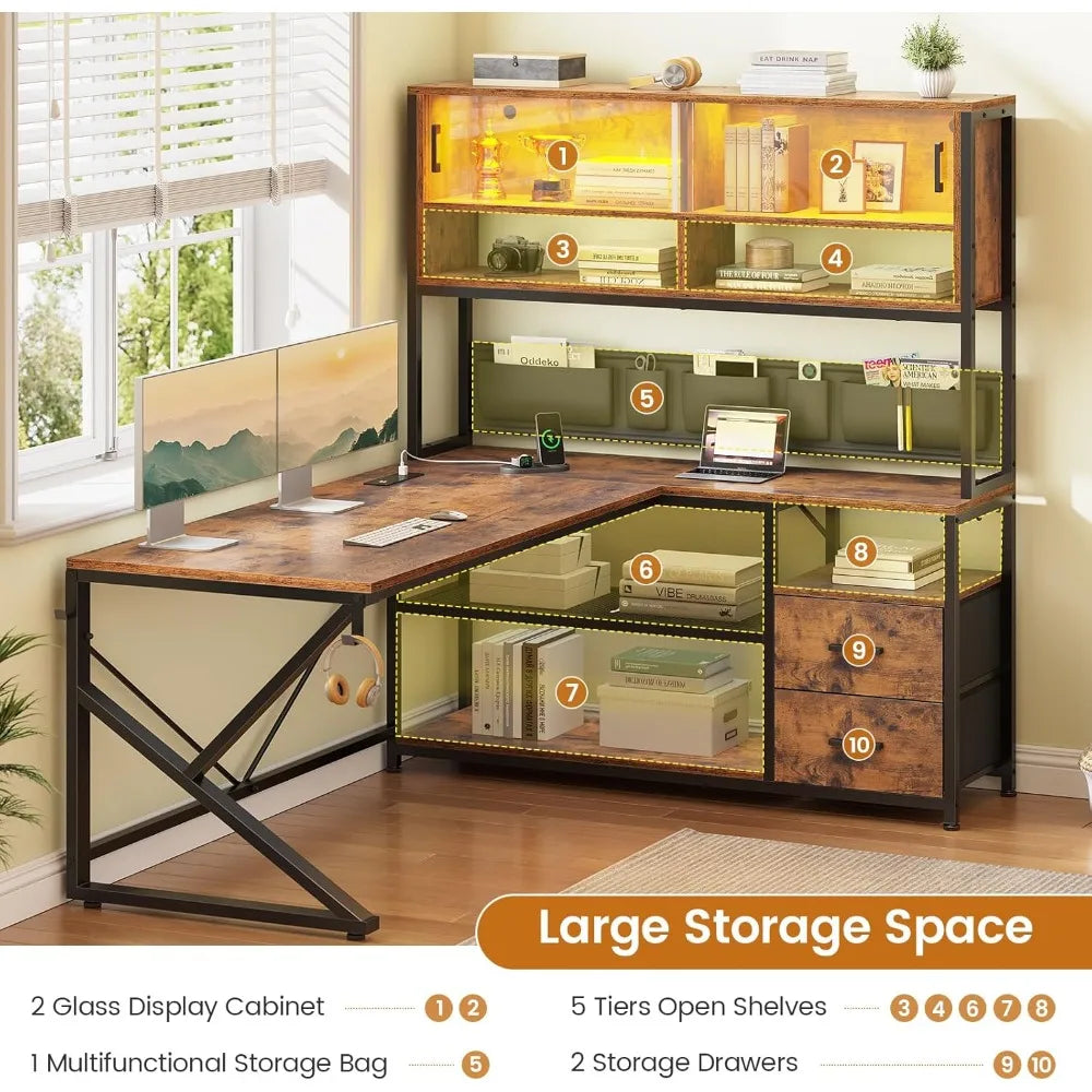 L Shaped Computer Desk with Drawers Bookshelf LED Light Gaming Home Office