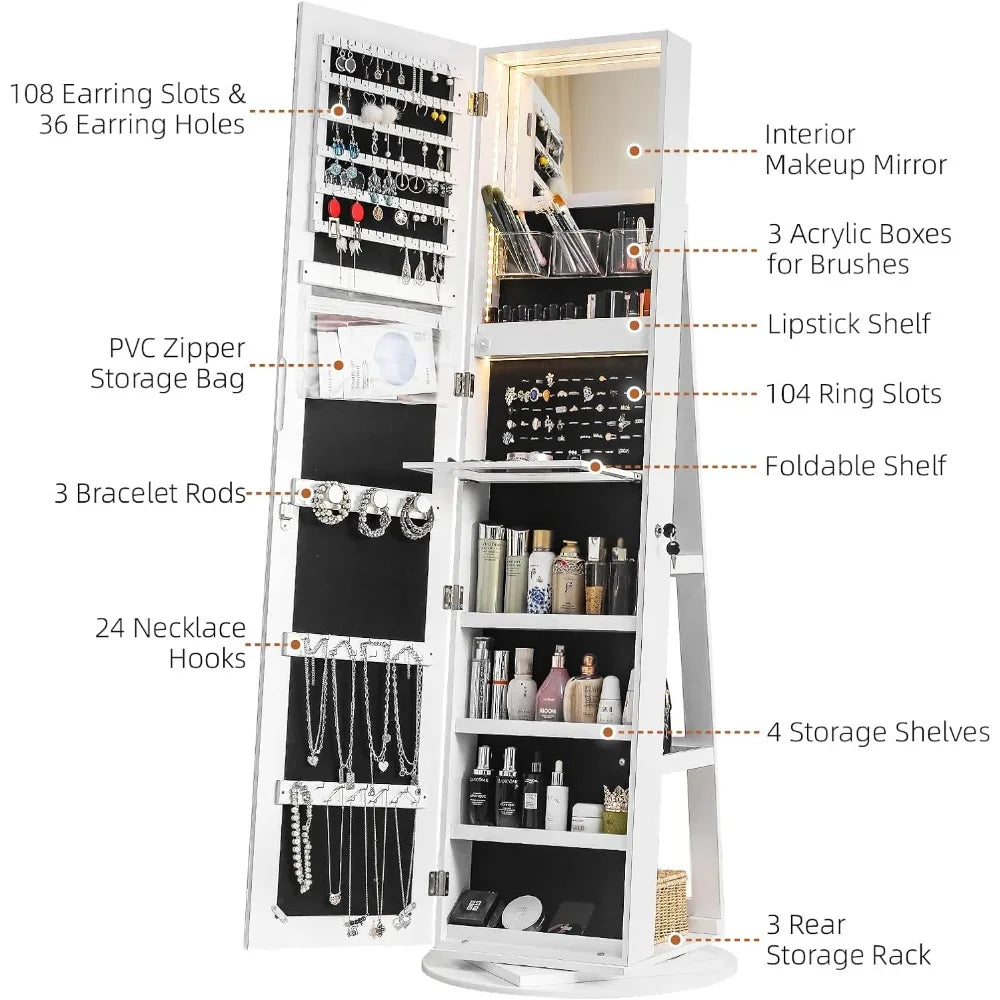 Freestanding Rotating Jewelry Cabinet with Full-Length Mirror Storage