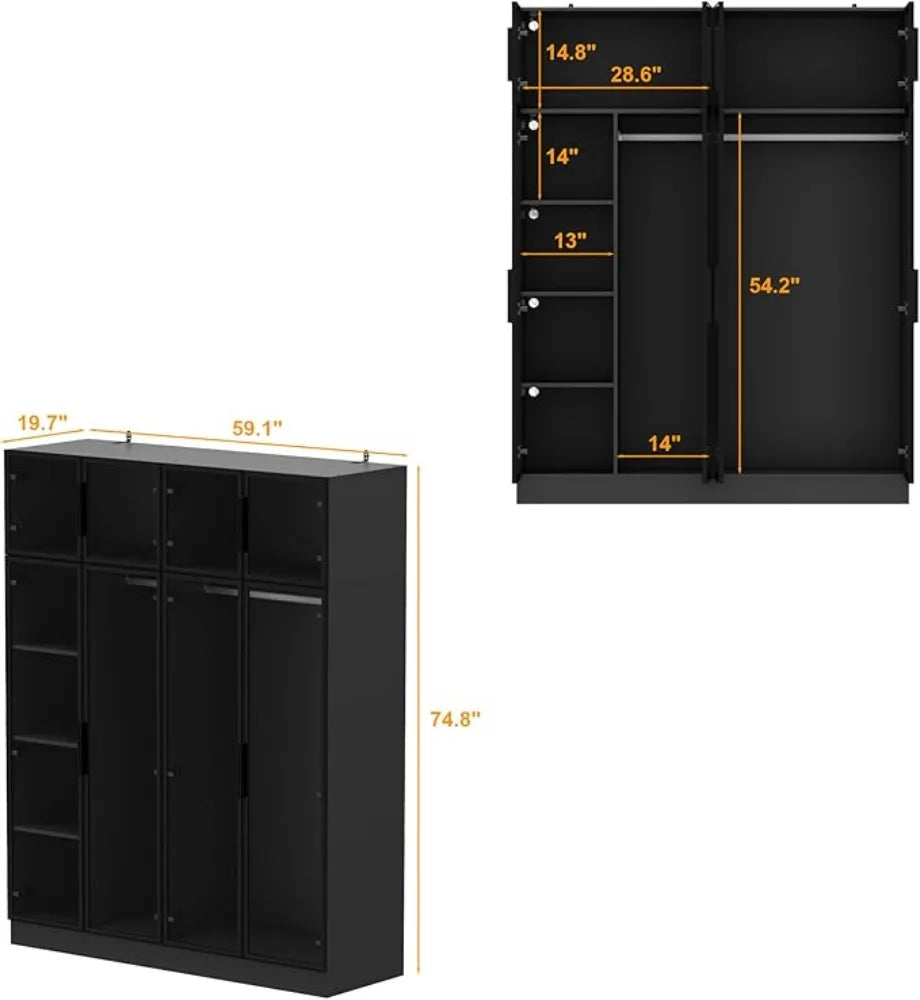 Ljustra Modern Wardrobe Cabinet with LED Light Strips Glass Doors 59.1 Inch