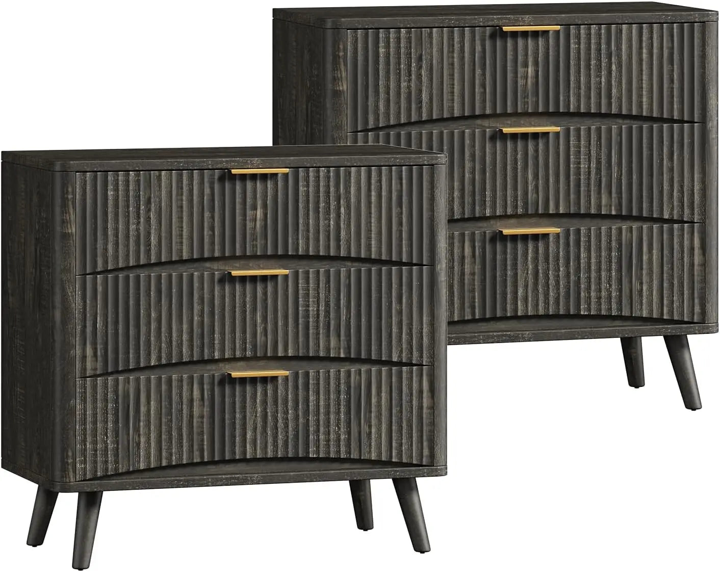 Large Fluted Nightstands Set of 2 3-Drawer Wood Bedside Table