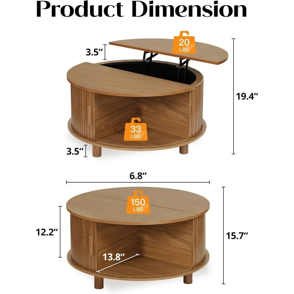 Round Lift Top Coffee Table with Storage Mid Century Modern Design