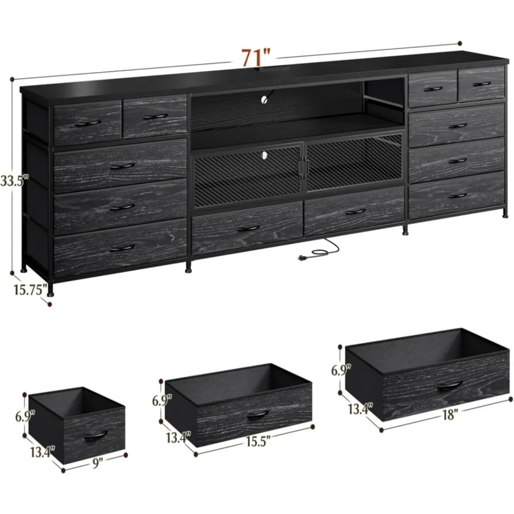 71 Inch Modern TV Stand with LED Lights Charging Station and 12 Drawers