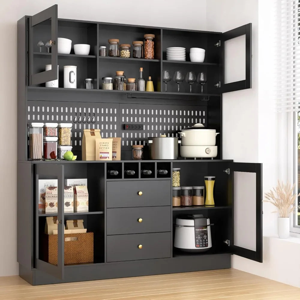 Kitchen Hutch Cabinet Freestanding Buffet with Pegboard Cup Holder Storage