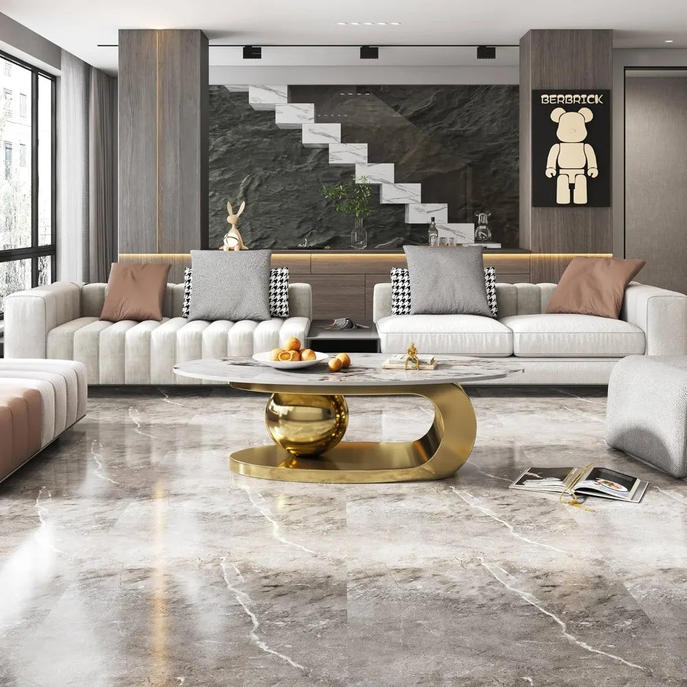 Modern Oval Coffee Table Faux Marble Sintered Stone Gold Base 51.2"