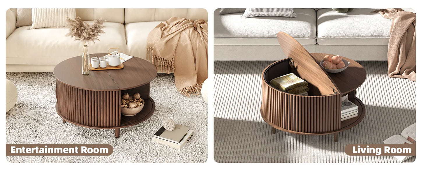 Round Coffee Table with Storage Mid Century Modern Fluted Design