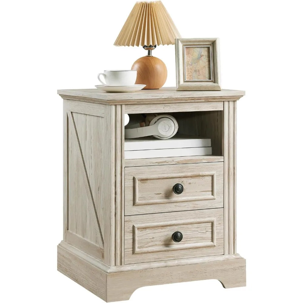 Nightstand with Charging Station 2 Drawers Open Storage Bedroom Side Table