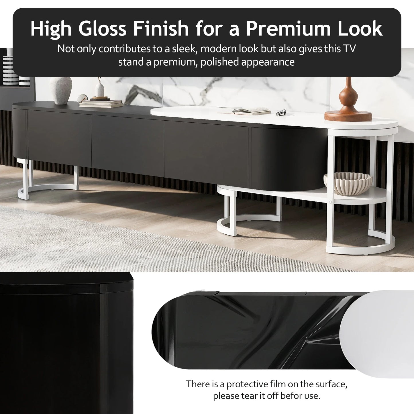 Modern Extendable TV Stand with Drawers and Adjustable Metal Legs