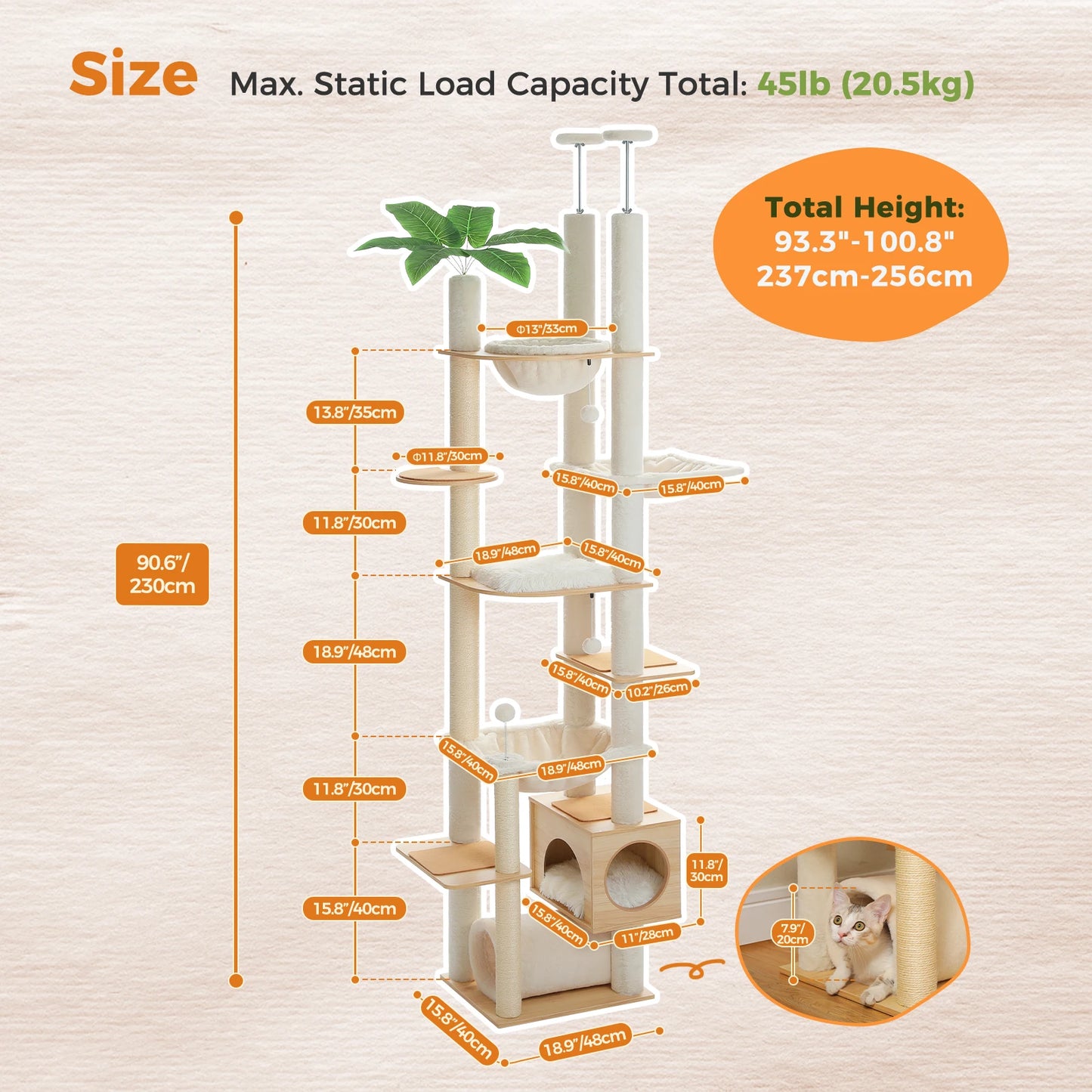 Floor to Ceiling Cat Tree Adjustable Height Wooden Tower with Scratching Posts