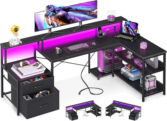 L Shaped Desk with File Drawer Power Outlet LED Lighting Home Office