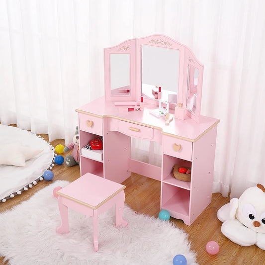 Girls Vanity Table and Chair Set Kids Makeup Dressing Table Wood Toy