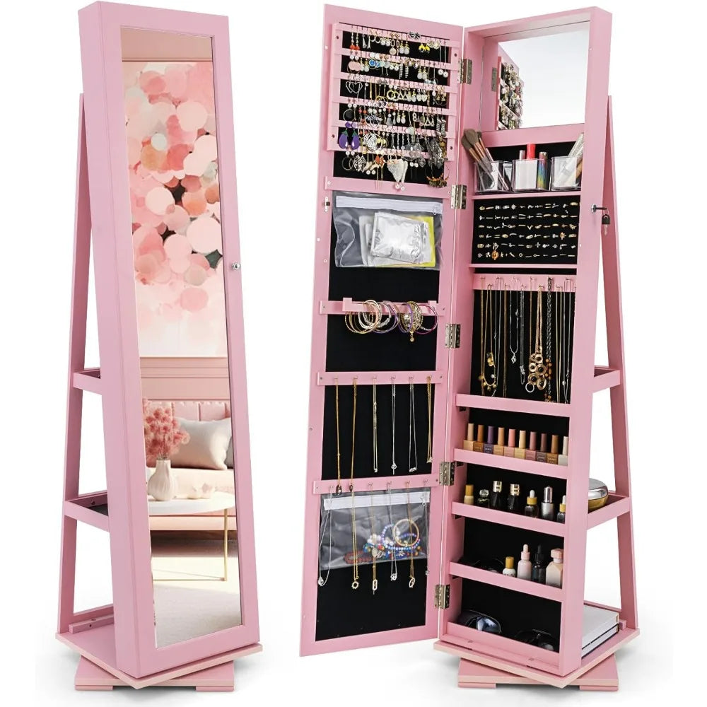 360° Swivel Jewelry Armoire Full Length Mirror Lockable Cabinet Organizer