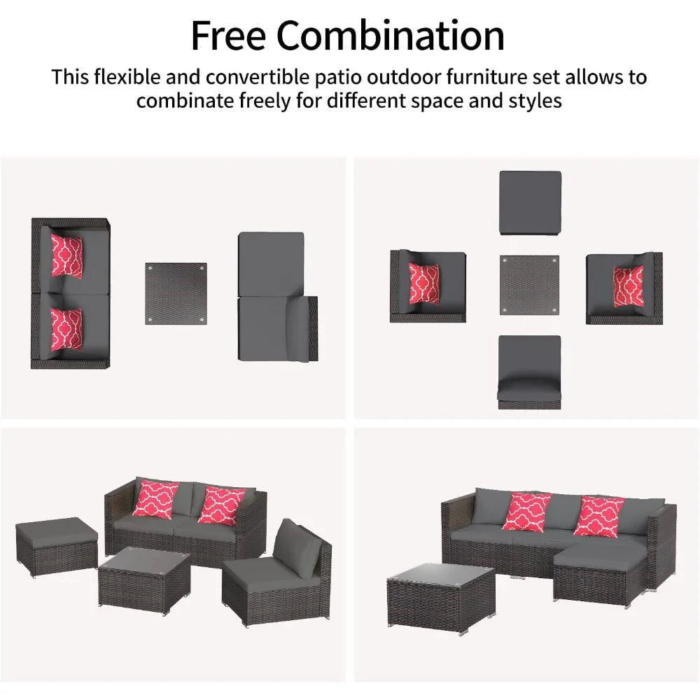 5 Pieces Patio Furniture Set All Weather Outdoor Wicker Sectional Grey