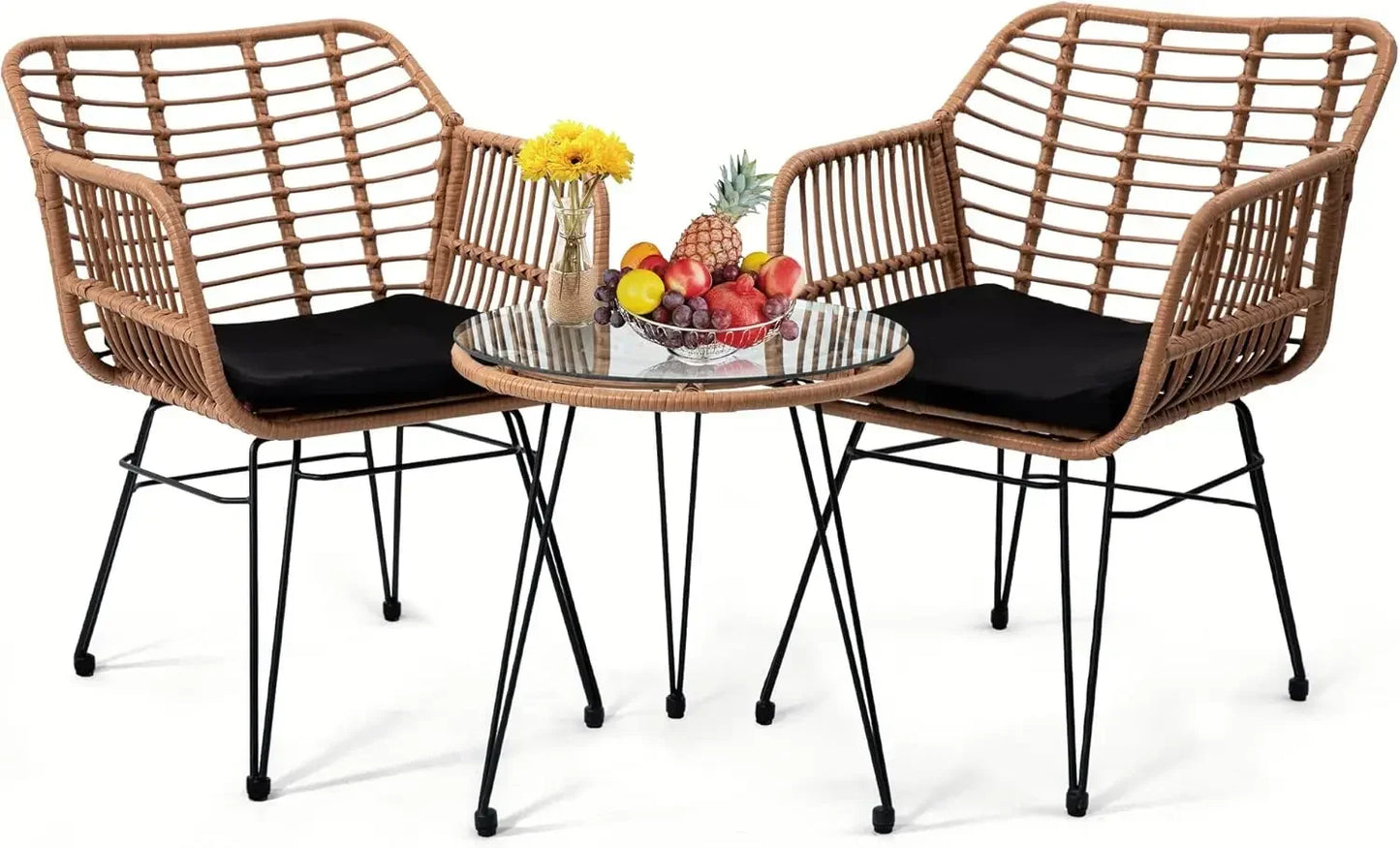 5 Piece Wicker Bistro Patio Furniture Set with Chairs Ottomans Table