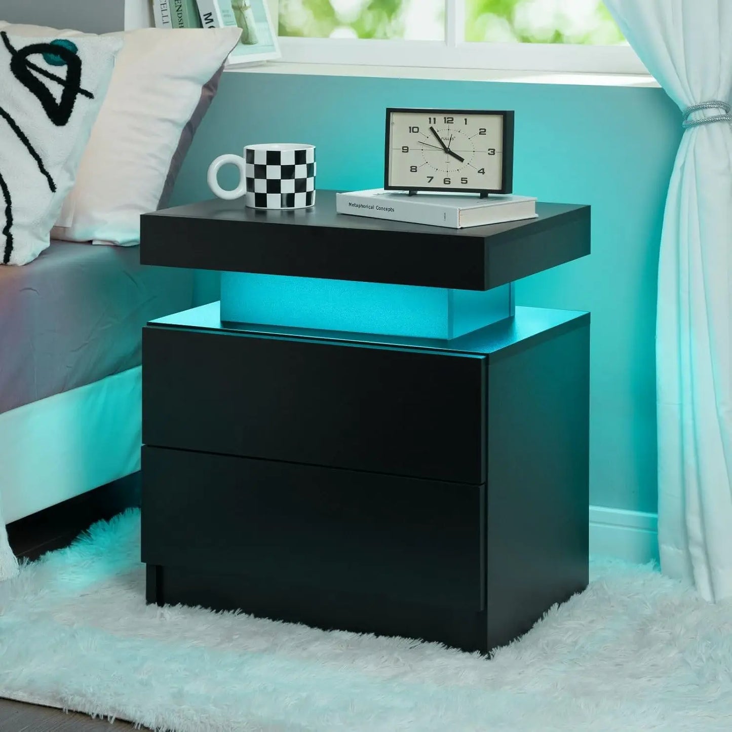 Nightstand Set of 2 LED Bedside Table with 2 Drawers for Bedroom