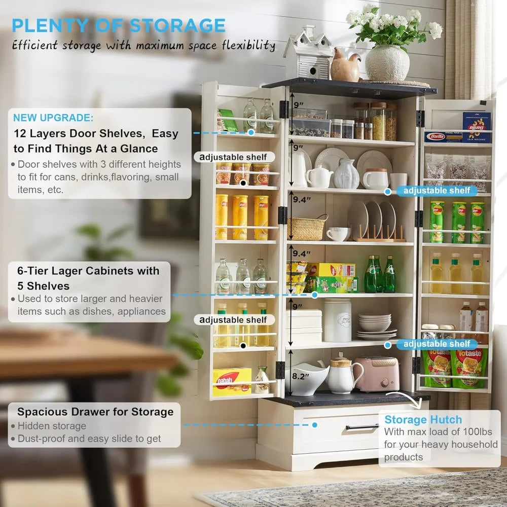 72 Inch Farmhouse Kitchen Pantry Cabinet with Drawer and Barn Doors