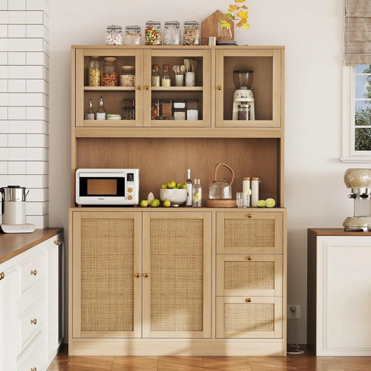 Kitchen Pantry Hutch with Microwave Stand Boho Storage Cabinet