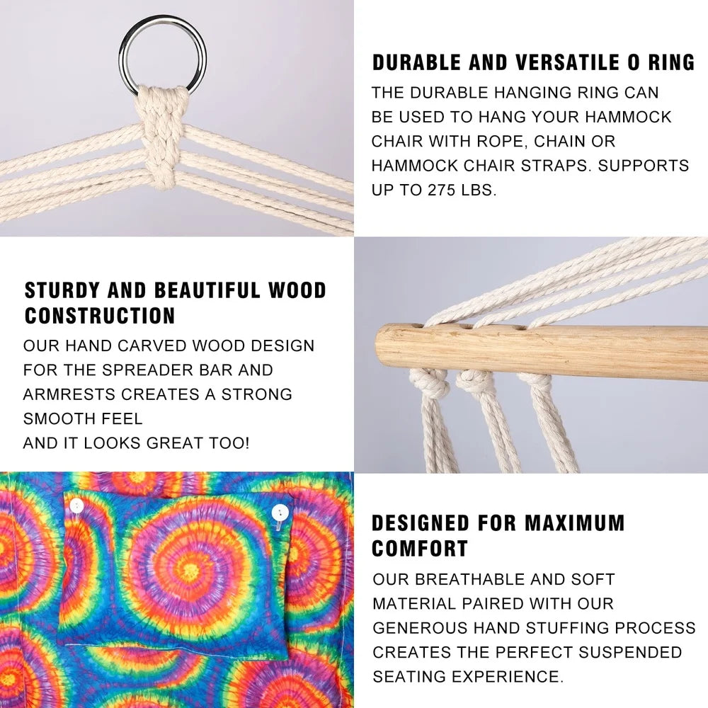 Hammock Chair with Pillow Wooden Arms Foldable Indoor Outdoor 275 lbs