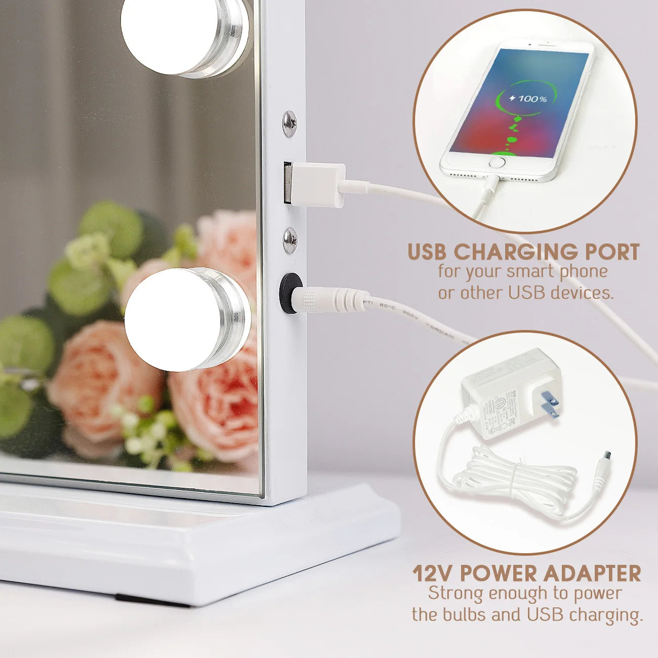 Large Hollywood Makeup Mirror with 18 LED Bulbs and USB Charging Port