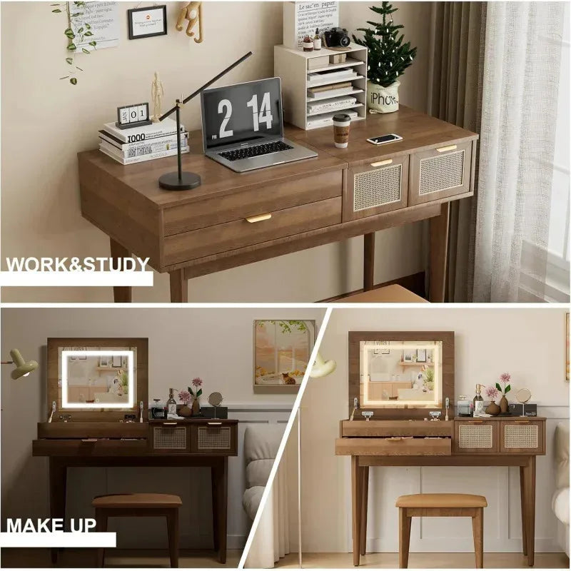 Ljustra LED Lighted Vanity Desk with Openable Mirror and Storage Stool