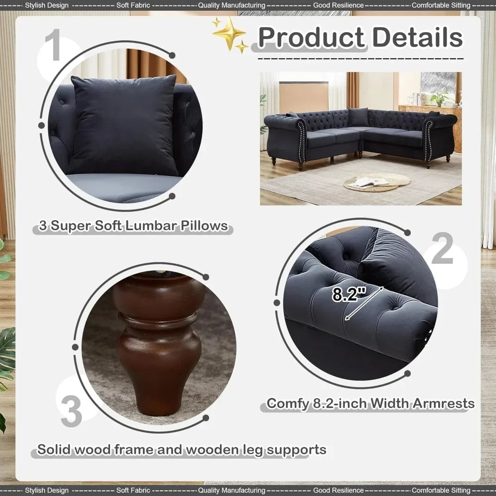 Ljustra 83.5" Oversized L-Shaped Velvet Couch 5-Seater Sofa