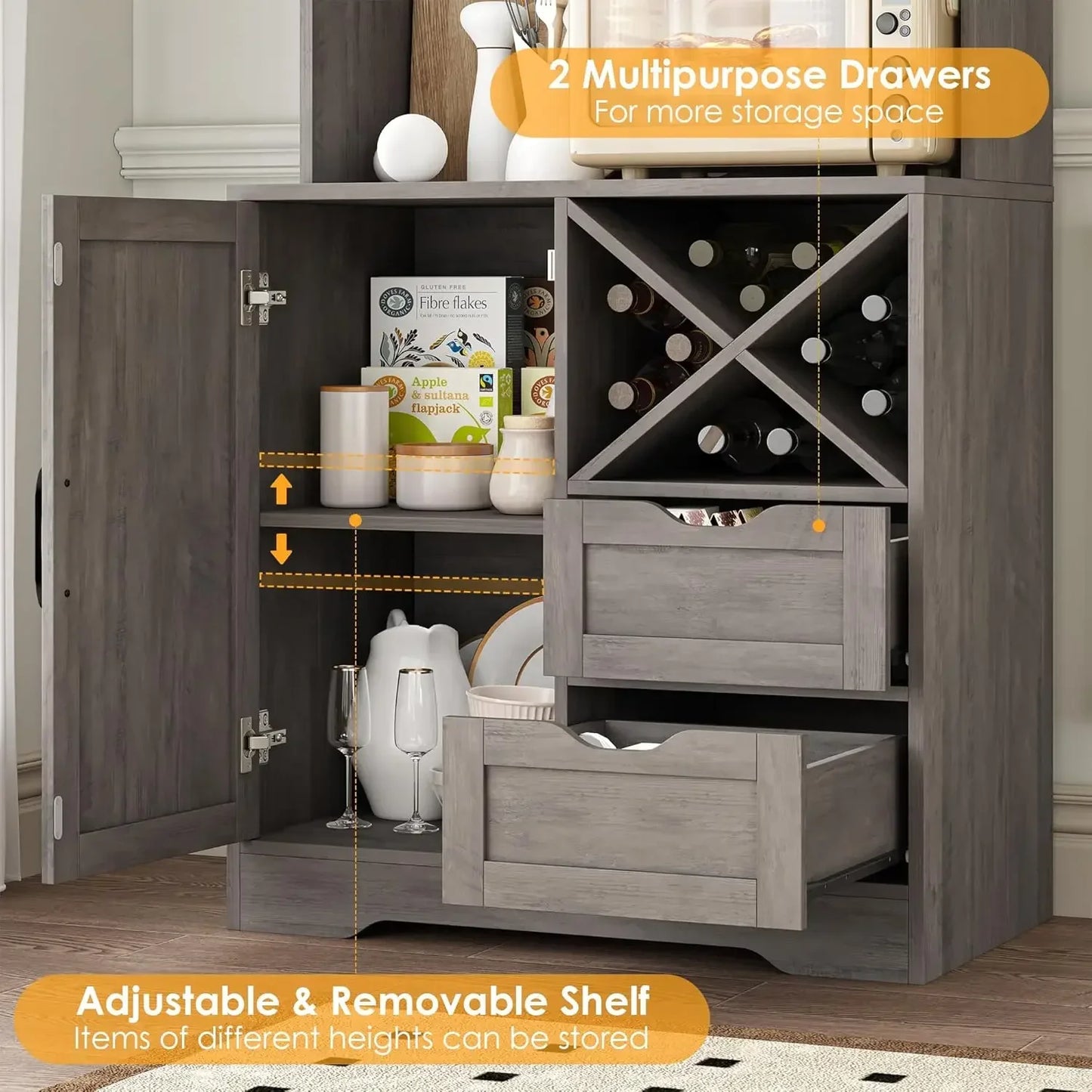 71 Inch Kitchen Hutch Pantry Cabinet Buffet Storage Adjustable Shelves