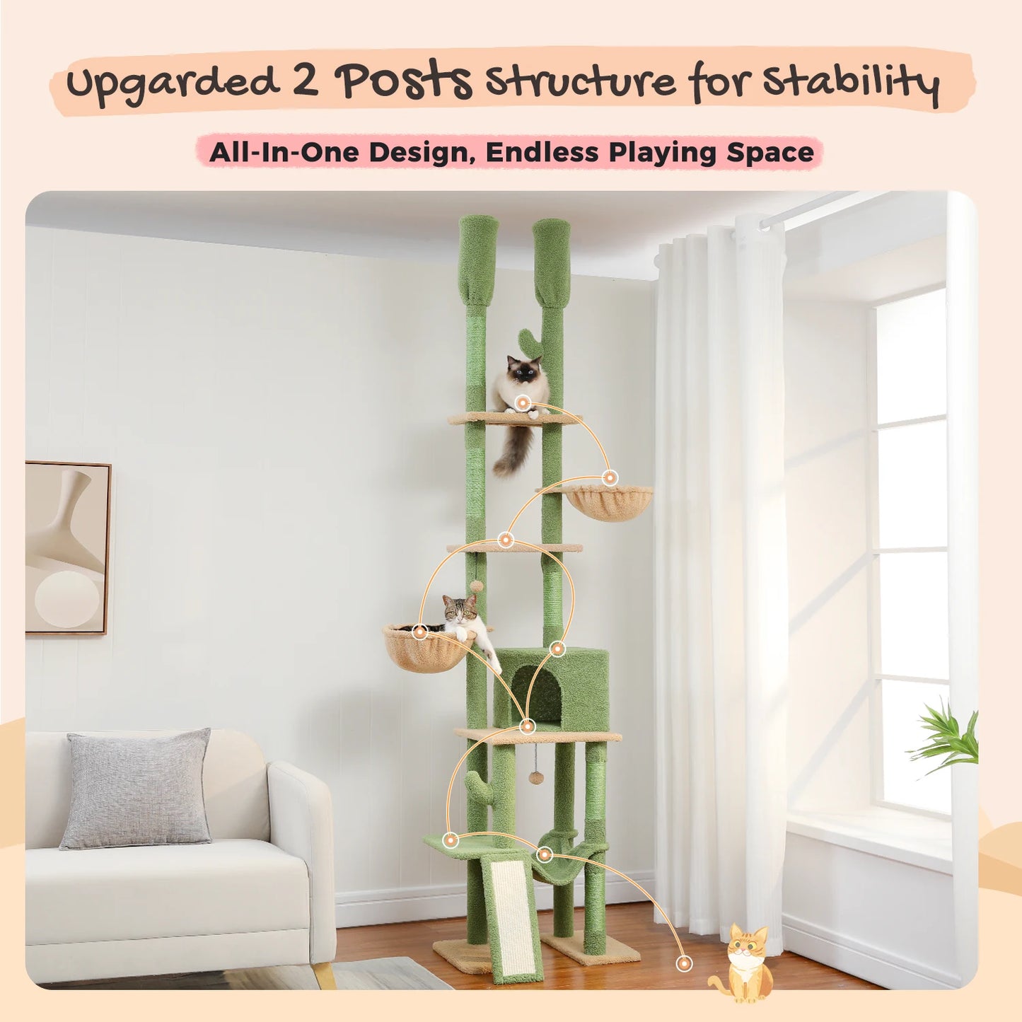 Cactus Cat Tree Floor to Ceiling 7 Tiers Adjustable Height 216-285CM