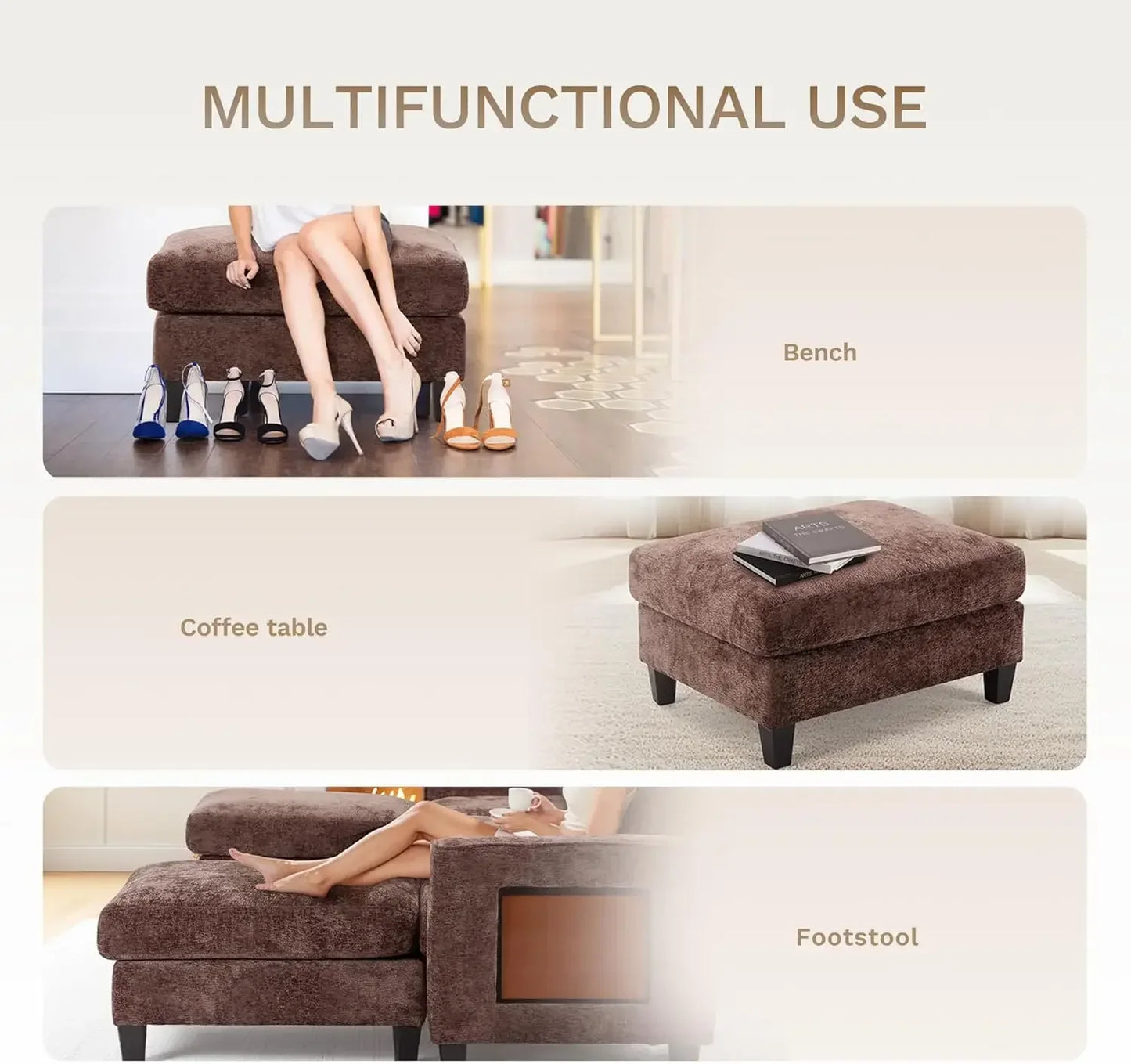 Ljustra 118 Inch U Shaped Sectional Sofa Ottoman Side Table Brown