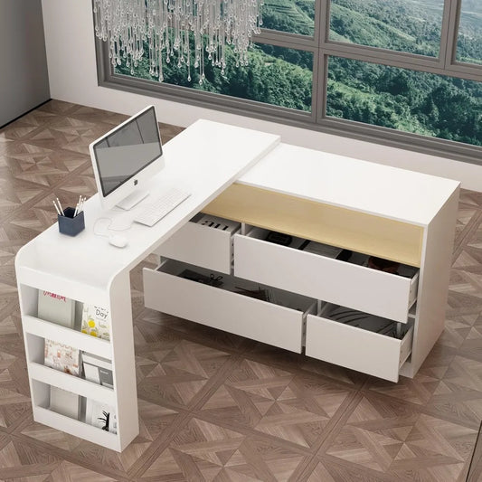 L-Shaped Rotating Office Desk with 4 Drawers and 5 Shelves