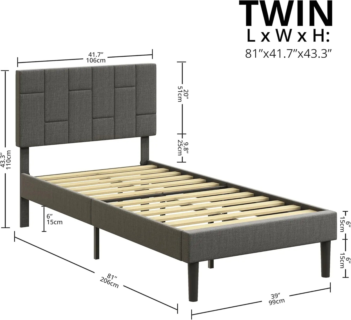 Twin XL Upholstered Bed Frame with Headboard Modern Platform Bed