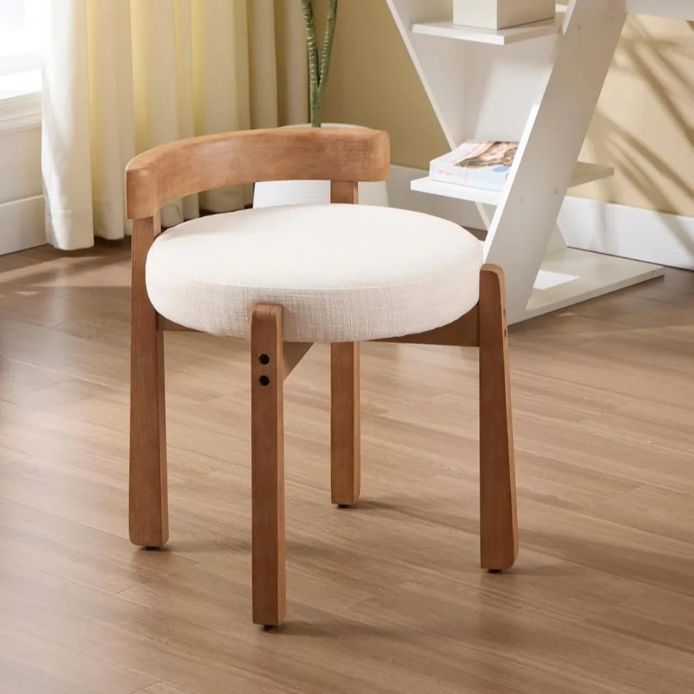 Wood Vanity Chair with Back Linen Upholstered Ottoman Mid-Century Modern