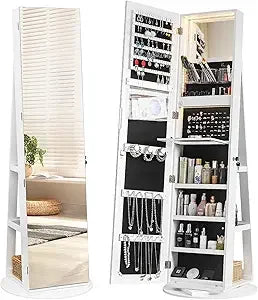 Freestanding Rotating Jewelry Cabinet with Full-Length Mirror Storage