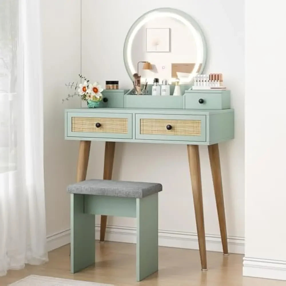 31 Inch Boho Natural Rattan Vanity Desk Set with Lighted Mirror and Stool