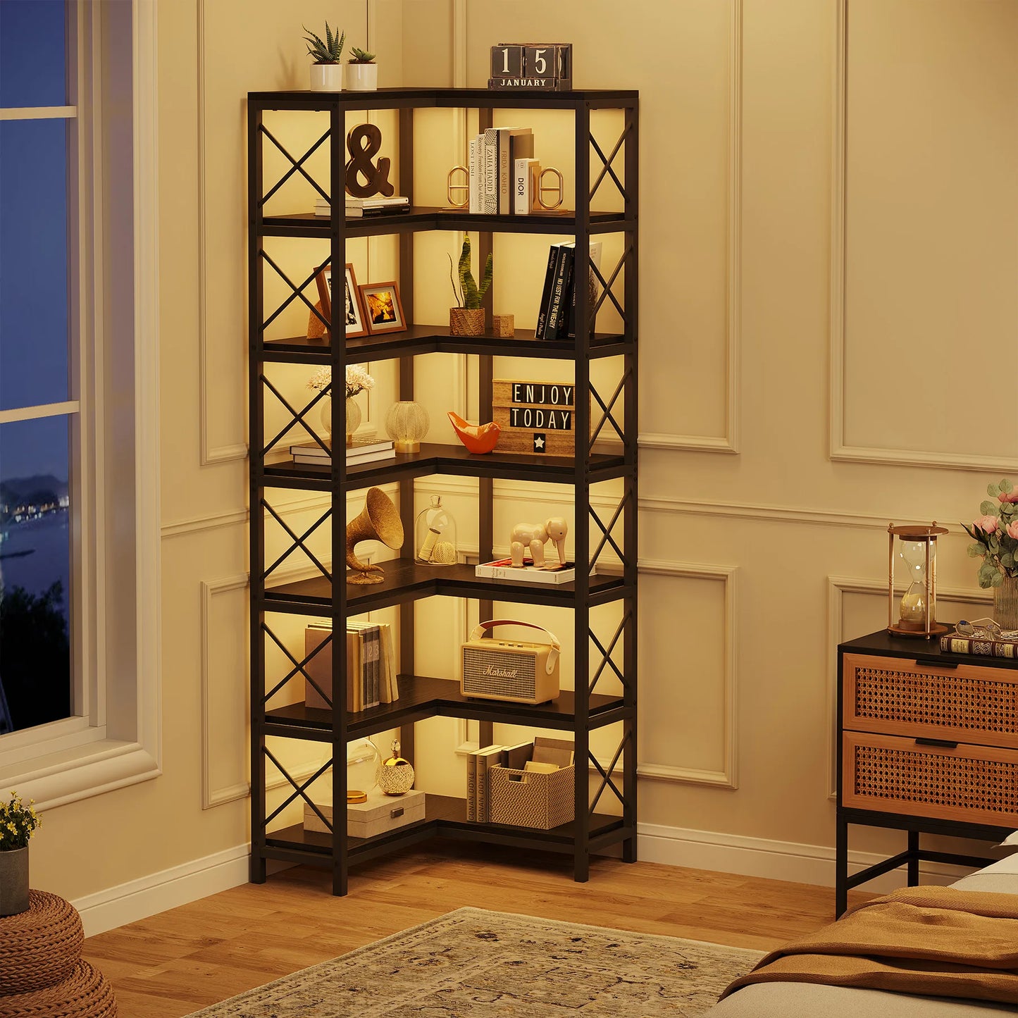 Ljustra 7-Shelf Corner Bookshelf Modern Corner Bookcase Storage Rack