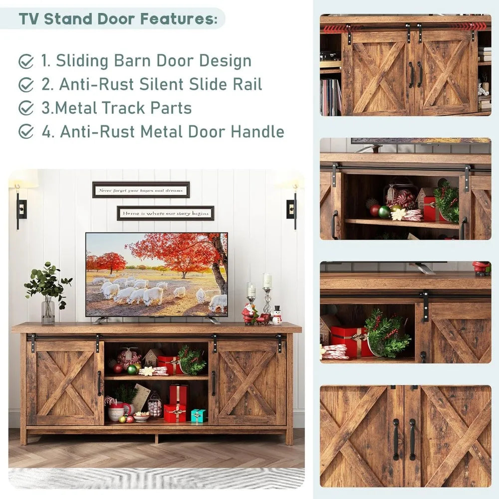 Farmhouse TV Stand for 50-65 Inch TV with Adjustable Shelves and Barn Doors