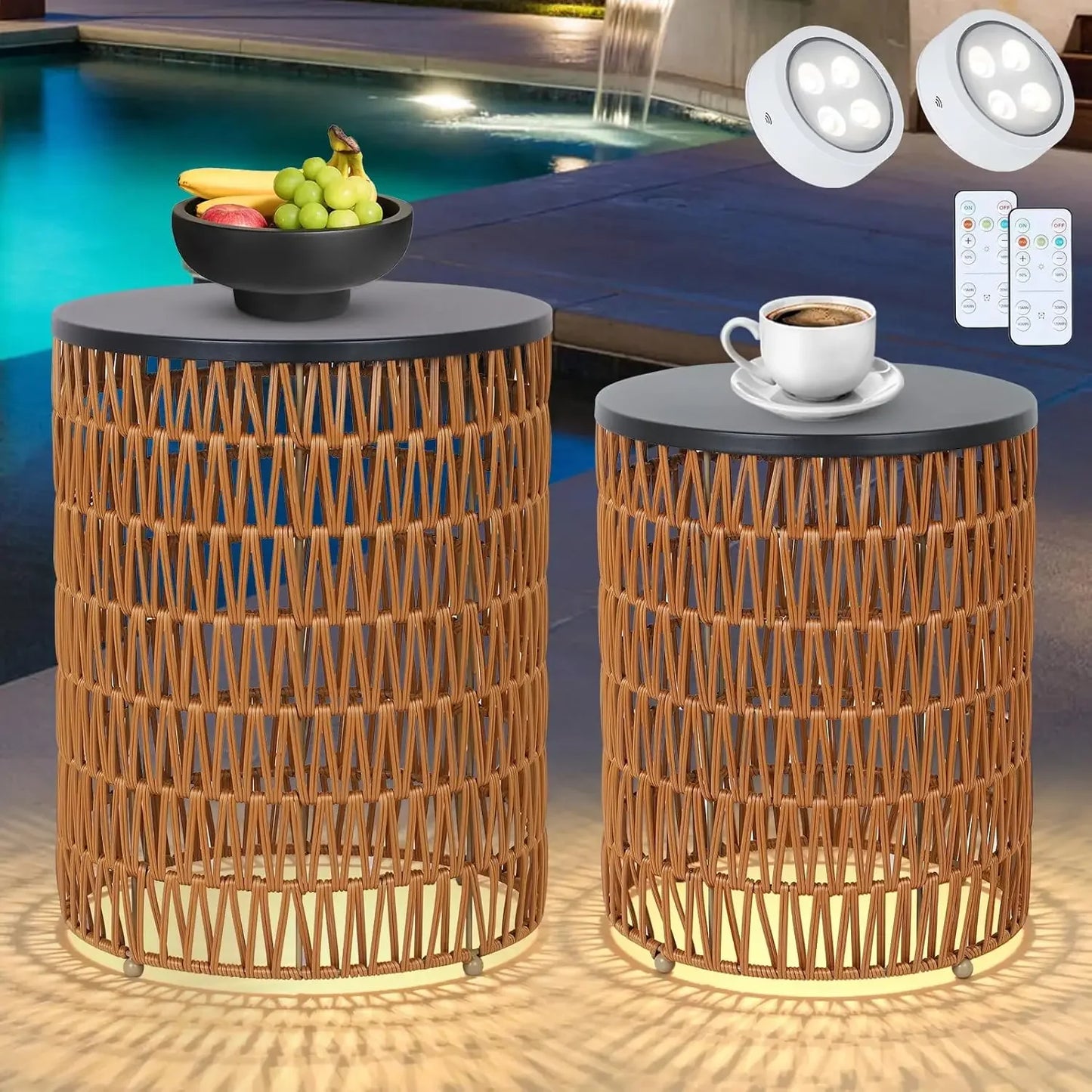 Outdoor Side Table with Dimmable Light Remote Control 2-Pack