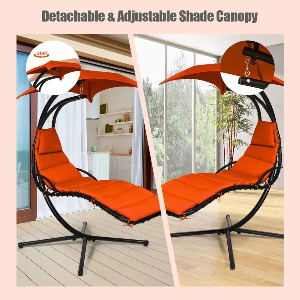 Hanging Chaise Lounger Chair Arc Stand Canopy Cushion Outdoor Swing
